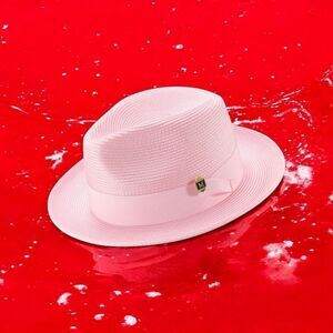 MONTIQUE MENS PINK WIDE BRIM PINCH FEDORA HAT W/ MATCHING GROSGRAIN RIBBON H42